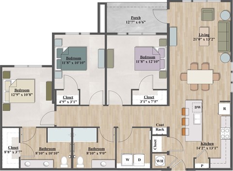 Floor plan for 3 beds, 2 baths, 1408 sqft